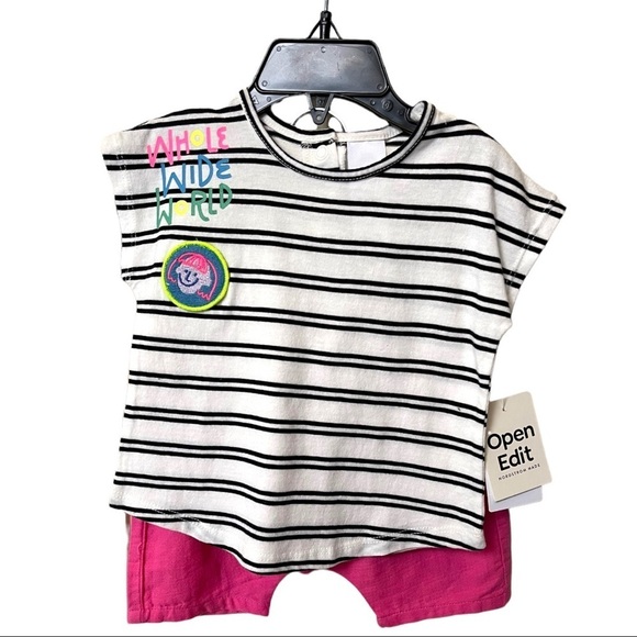 Open Edit Easy T Shirt and Shorts Set Ivory Cloud Black Stripe Organic Cotton - Picture 1 of 7